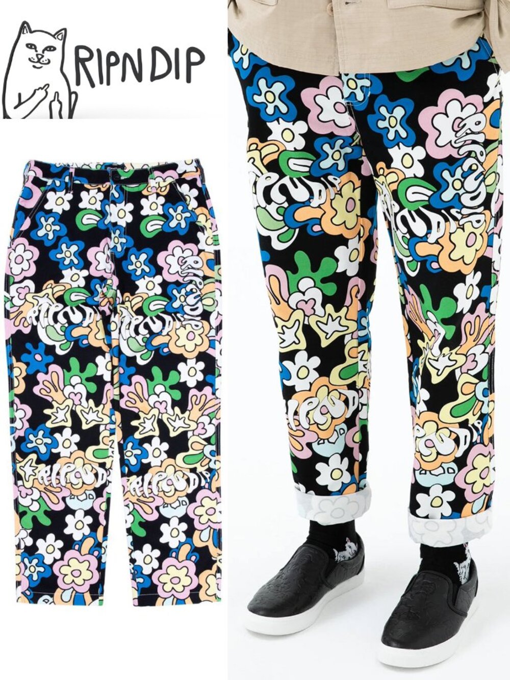 Ripndip Flower Child Cotton Twill Pants 30 Multicolor Retro Floral Logo Rare